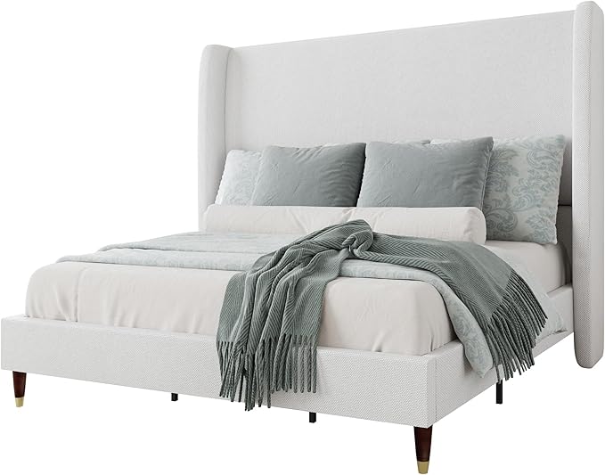 Jocisland Full Size Bed Frame 51.2" Wingback Headboard Linen Upholstered Platform Bed with Solid Wood Legs & Wooden Slats, No Box Spring Needed, Modern Minimalist Style, Easy Assembly, White