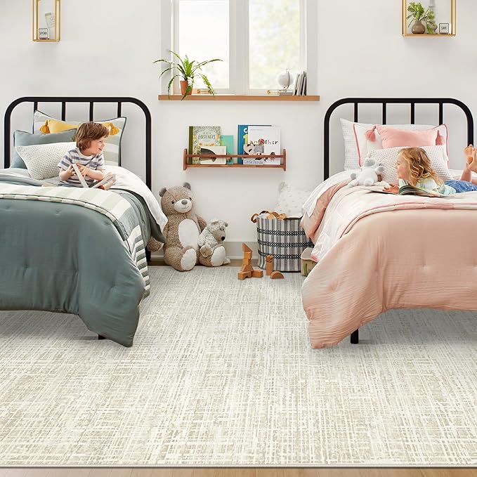 6x9 Area Rugs Washable Rug, Abstract Living Room Rug Large Neutral Modern Area Rug Soft Non Slip Low Pile Stain Resistant Indoor Carpet for Bedroom Nursery Kids Dining Room Office(Beige, 6'x9')