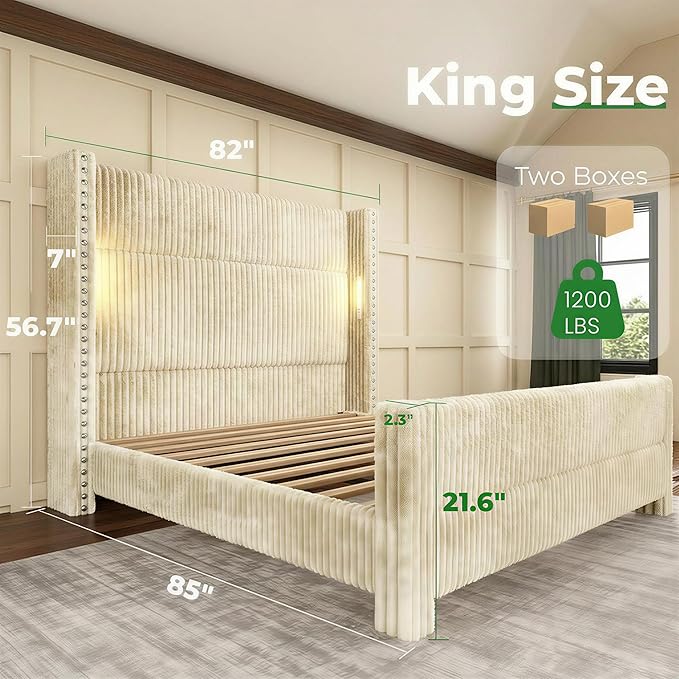 King Bed Frame with 56.7" Tall Headboard & Reading Lights, Corduroy Upholstered Wingback Platform Bed with Charging Station, Modern Retro Design, Noise Free, No Box Spring Required, Cream