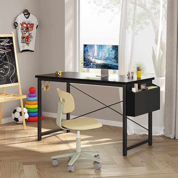 OLIXIS Computer Desk 47 Inch Home Office Desks for Small Spaces, Gaming Writing Study Work Table with Storage Bag and Headphone Hook for Bedroom, Black