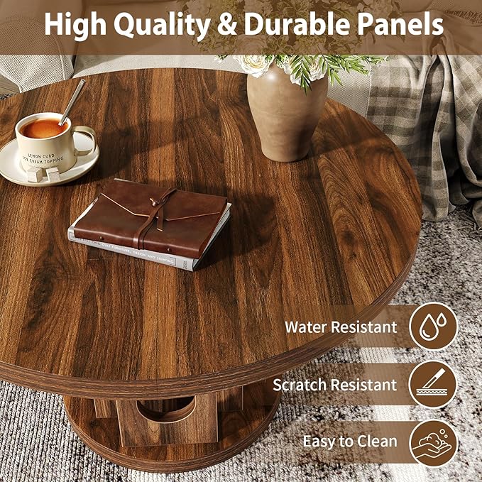 knoworld 31.5" Round Coffee Table, Small Wooden Circle Center Table Hole Panel Splice Design Coffee Tables for Living Room, Thickened Edge MDF Board, Walnut