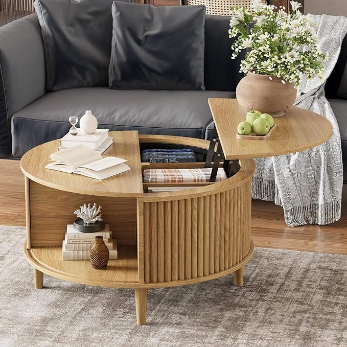 Lift Top Coffee Table with Storage, Fluted Round Center Table with Sliding Cabinet Door, Small Circle Table for Living Room, Natural Oak