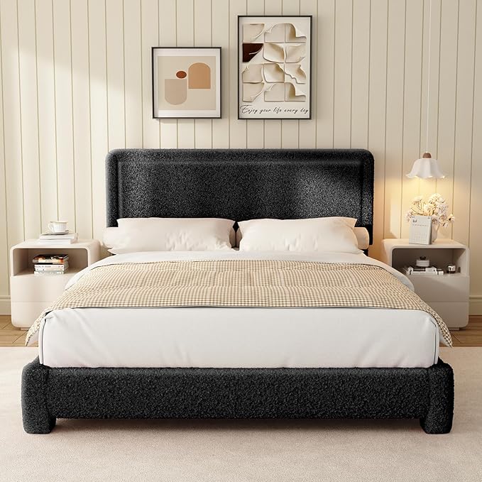 WEUP Queen Size Boucle Bed Frame, Upholstered Cloud Bed Frame with Adjustable Headboard, Soft Rounded Corners, No Box Spring Required, Easy Assembly, Black