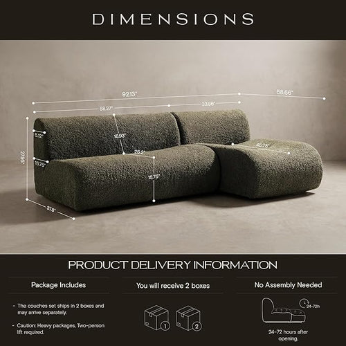 92" Modular Sectional Couch, Boneless 3 Seater Sofa with Chaise Set, Reversible L-Shaped Couches with Deep Seat, Green Curved Sherpa Sofas for Small Living Room, Bedroom, Apartment– No Assembly