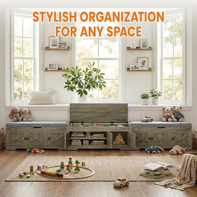 Farmhouse Shoe Storage Bench with Cushion Seat, 3-Tier Entryway Bench with Lift Top Storage and Adjustable Shelf, Bench for Hallway, Bedroom, Grey