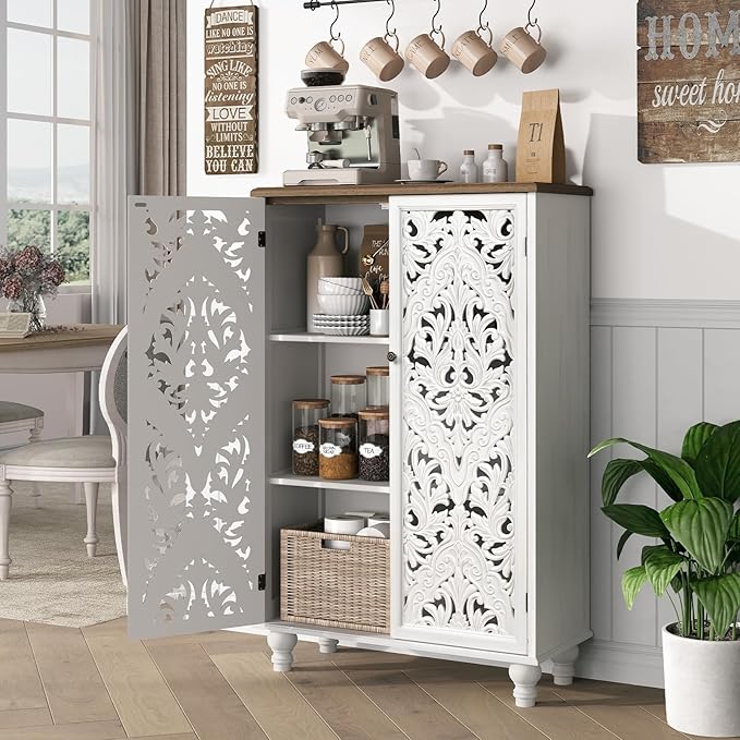 JOINICE 47" Tall Accent Cabinet with Carved Doors, Distressed White Wood Storage Cabinet with 3-Tier Shelves, Boho Farmhouse Sideboard Buffet for Small Spaces, Entryway & Living Room
