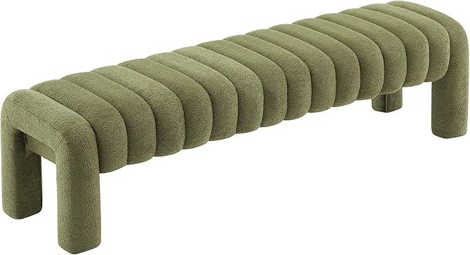63" Boucle Bed Bench, Cute Upholstered Channel Tufted Bench for Entryway, Accent Window Seat for Living Room, Modern Minimalist Ottoman Foot Stool, Linen Green