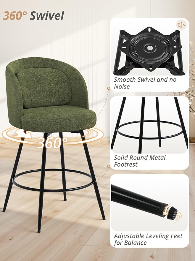 LUE BONA 26''H Swivel Bar Stools Set of 2, Counter Height Bar Stools with Backs, Lumbar Pillow and Black Metal Frames, Upholstered Morden Barstools for Kitchen Island, Chenille Farbic, Green