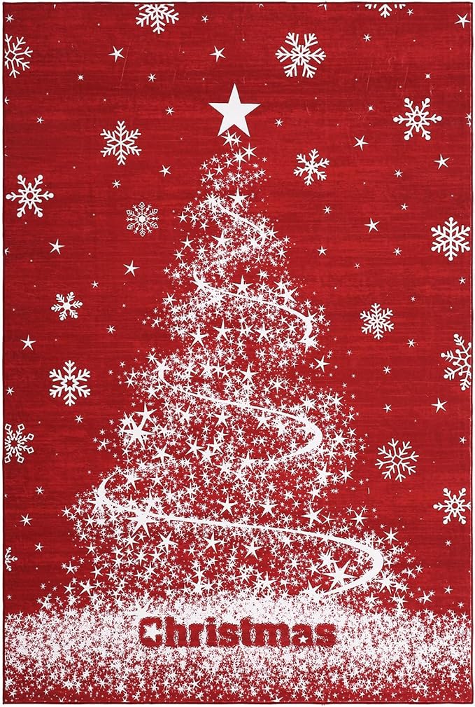Garvee Christmas Area Rug 9x12 Living Room Red Rug, Soft Christmas Tree Large Washable Rug for Bedroom, Non Slip Low Pile Indoor Floor Carpet for Home Office Xmas Holiday Decor Rugs, Red