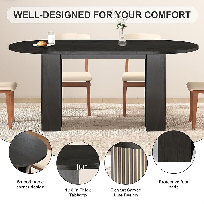 weselon 70.8" Oval Dining Table with Dual Side Storage Shelves, Wooden Table for 4–6 People, Modern Farmhouse Round Dinner Table for Kitchen, Reception, or Living Room (Black, Table Only)