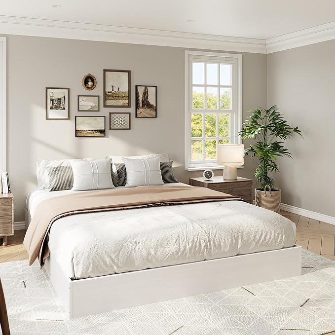 Solid Wood Platform Bed with Sturdy Wooden Slats, Full Size Floor-Standing Bed Frame, Modern Minimalist Design Space-Saving Bed Frame, No Box Spring Needed, Easy Assembly, White