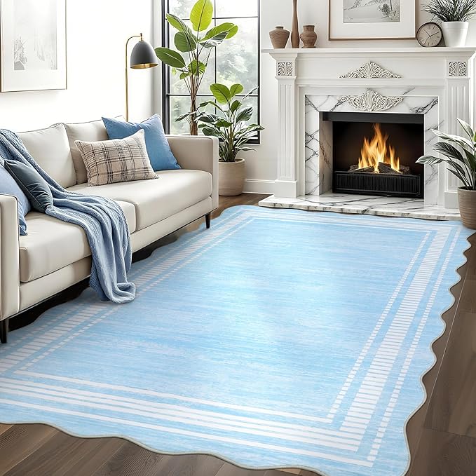 Garvee Washable Scalloped 5x7 Rug Living Room Rugs 5x7 Non-Slip Washable Solid Neutral Carpet, Modern Scalloped Rug Indoor Faux Wool Floor Mats for Bedroom Playroom Dining Room Home Office, Light Blue