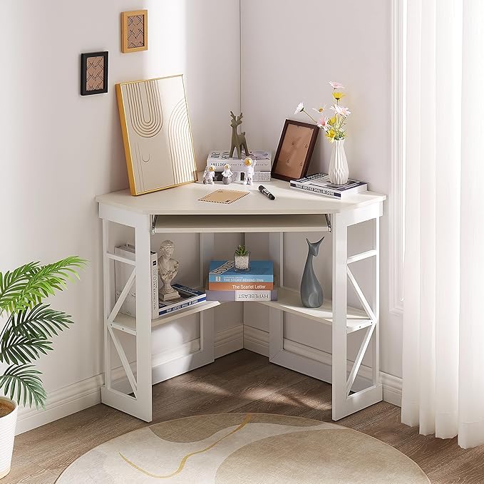 VECELO Corner Desk Computer Desk Writing Table with Smooth Keyboard Tray & Storage Shelves,Compact Home Office Triangle Table,White