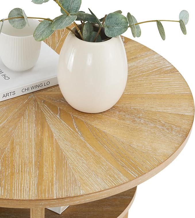 25" Round Coffee Table for Small Spaces, Circle Wood Coffee Table with Storage Shelf, 2 Tier Small Center Table for Living Room Apartment Home Furniture, Easy Assembly (Natural Brown,25"Dx25"Wx20"H)