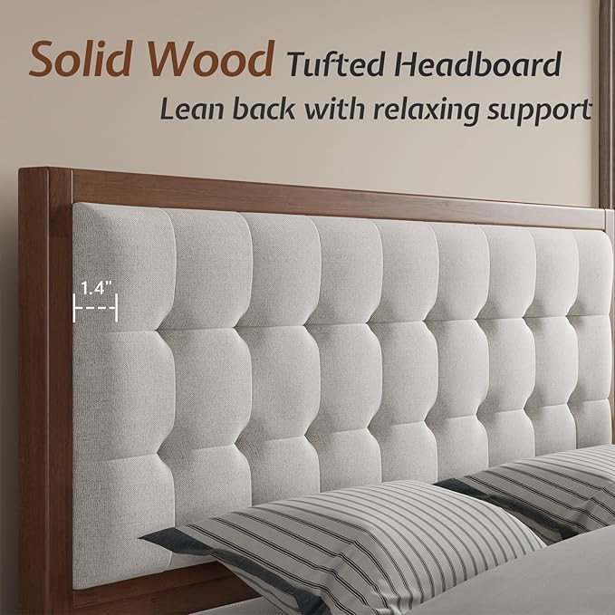 Jocisland Solid Wood Full Size Bed Frame 50.2" Tall Upholstered Headboard, Mid-Century Style, Stable Platform Support, No Box Spring Needed, Walnut