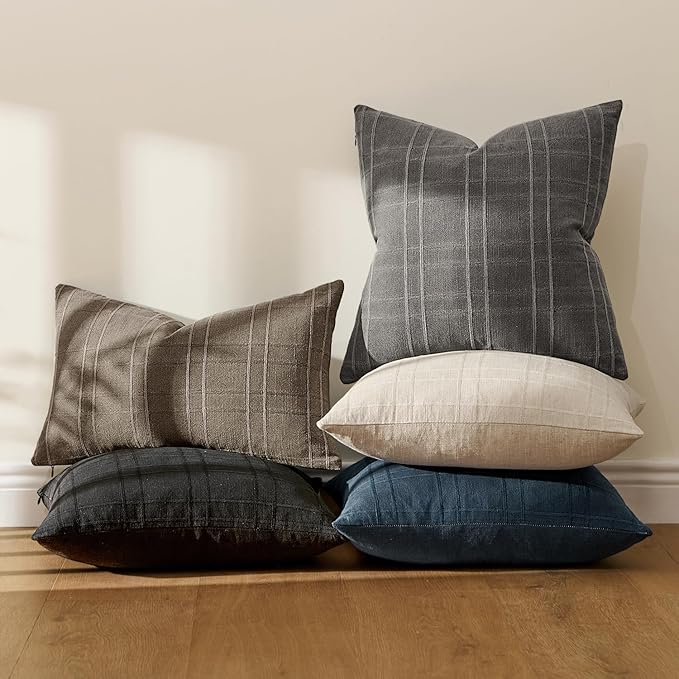 MIULEE Decorative Linen Check Lumar Throw Pillow Covers Neutral Farmhouse Vintage Pillow Covers 20x20 Inch Set of 2 Boho Modern Home Decor for Sofa Couch Bedroom Cushion Chair Charcoal Gray