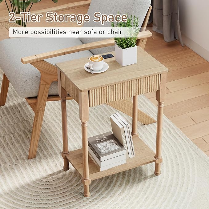 Night Stand Set of 2,Fluted Nightstand with Charging Station, 23.6” Large Bed Side Table End Table with Drawer, Modern Mid Century Wooden Night Stands Bedside for Bedroom Living Room Office,Natural