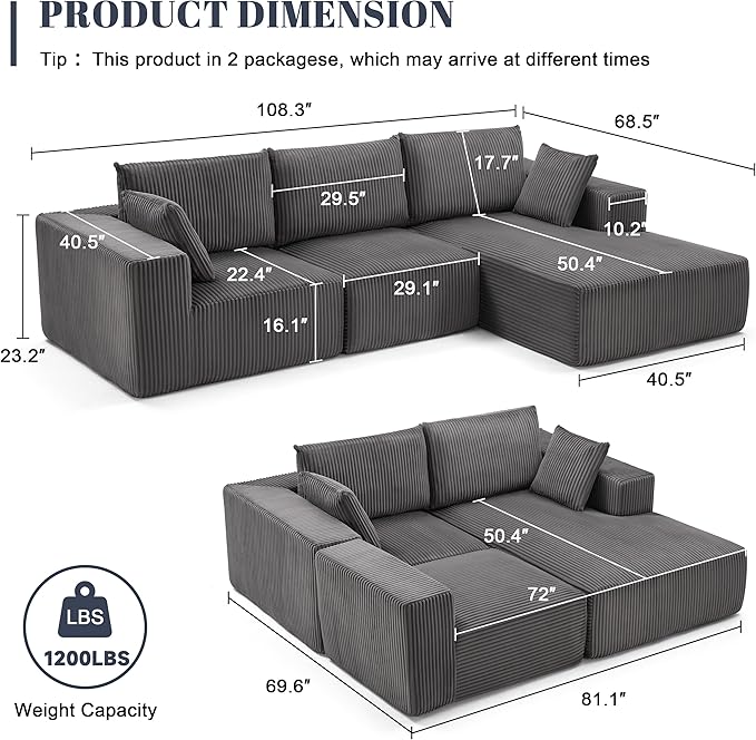 Weture 108” Modular Sectional Sofa, Cloud Sectional Couch with Deep Seat, Modern Modular L-Shape Sofa with Chaise,Upholstered Boneless Couches for Living Room Bedroom (Corduroy, Darkgrey)