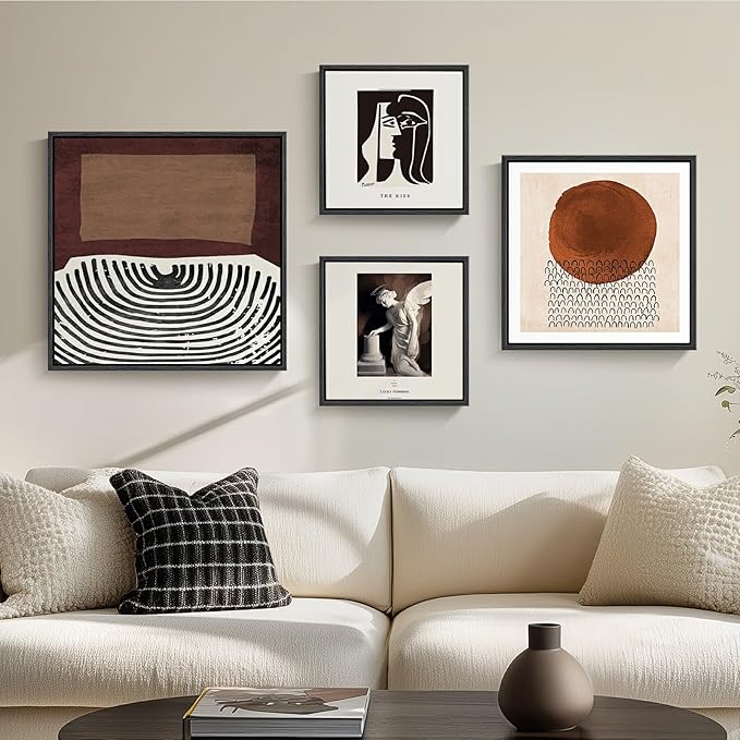 Large Framed Mid Century Wall Art for Living Room, Set of 4 Neutral Brown Black Minimalist Canvas Prints Painting, Modern Abstract Picture Artworks Wall Decor for Bedroom Office Hallway