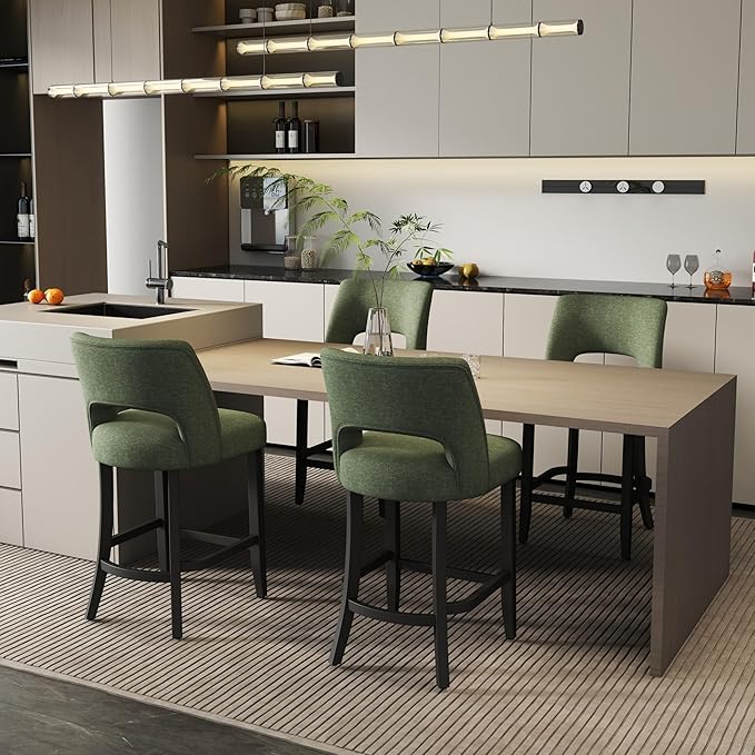 VKNOW Bar Stools Set of 4, 26" Upholstered Counter Height Bar Stools, Modern Counter Stools with Black Legs for Kitchen Island Dining Room Bar, Green-Black Legs