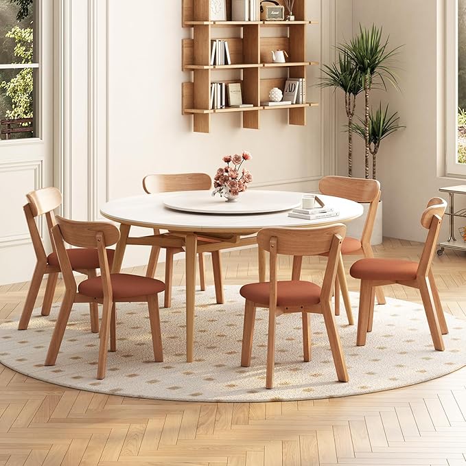 Dining Chairs Set of 4 Mid-Century Modern Oak Upholstered Scandinavian Solid Wood Kitchen & Dining Room Chairs with Curved Backrest Sillas de Comedor for Dining Table(Original/Orange)