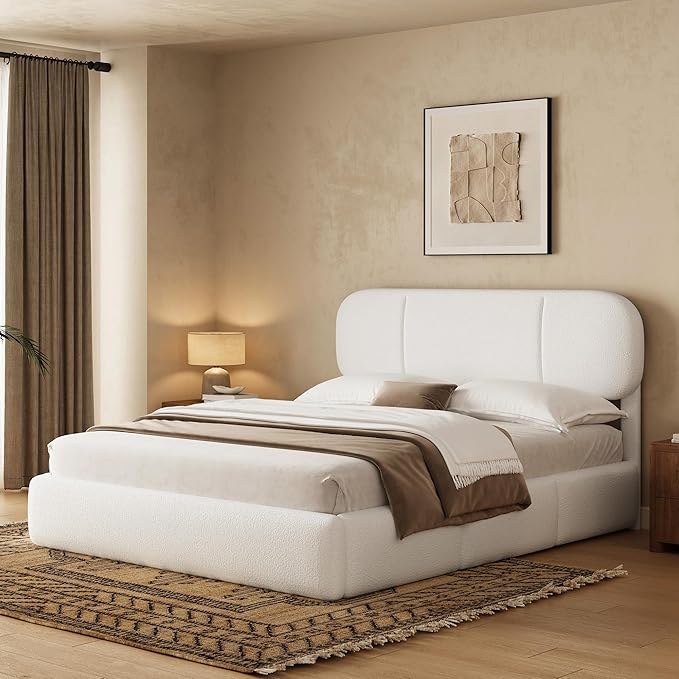 Queen Size Bed Frame with Storage, Boucle Cloud Bed with 4 Locking Drawers & LED Lights, Modern Upholstered Platform Bed, Plush Sides & Footboard, Adjustable Headboard, No Box Spring, Cream