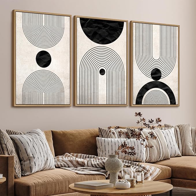 Framed Wall Art Canvas Set Mid Century Boho Pictures Modern Abstract Geometric Wall Decor Minimalist Black Beige Bohemian Canvas Painting Artwork for Living Room Bedroom Office 24"x36"x3 Natural