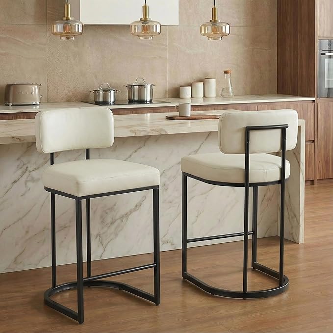26" H Counter Height Bar Stools Set of 3, Modern Faux Leather Upholstered Barstools with Backrest for Kitchen Island, Black Metal Frames, Cream