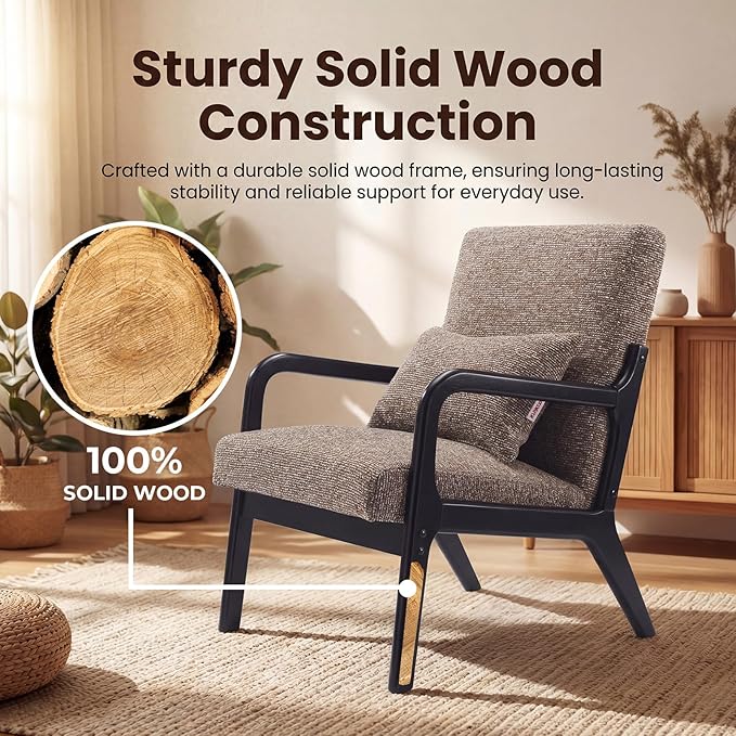 Achicsofar Accent Chair Mid Century Modern Armchair with Lumbar Support Pillow Wood Legs PU Leather Upholstered Lounge Chairs Comfy High Back Cushion for Living Room Bedroom