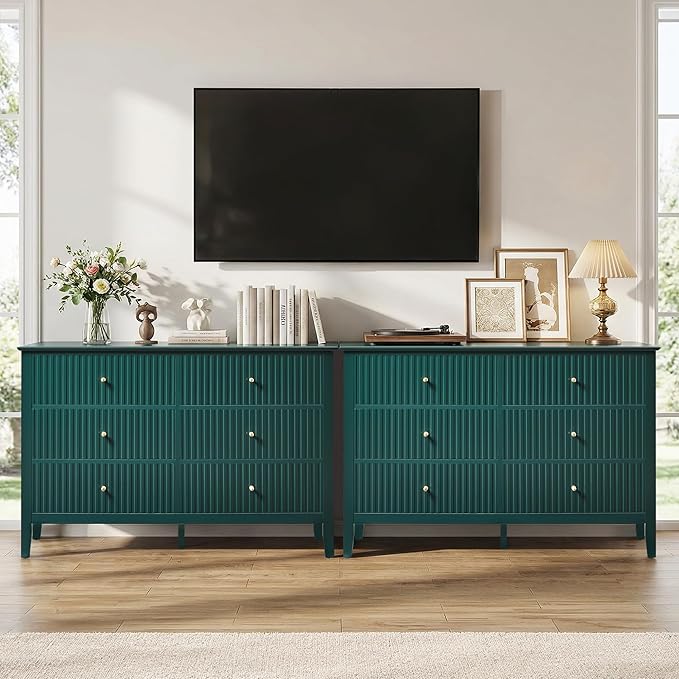 RoyalCraft 6 Drawer Dresser, Fluted Modern Wood Chest of Drawers, Long Dresser for Bedroom TV Stand Storage Cabinet for Living Room, Green