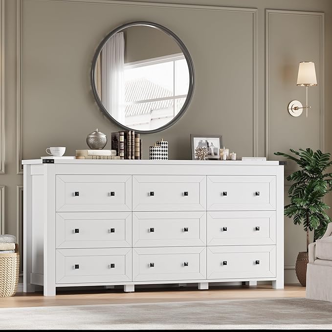 BORNOON 9-Drawer Dresser, Modern Wooden Storage Chest of Drawers, Dresser TV Stand, Wood Drawer Organizer with Metal Handles for Bedroom, Living Room, Hallway