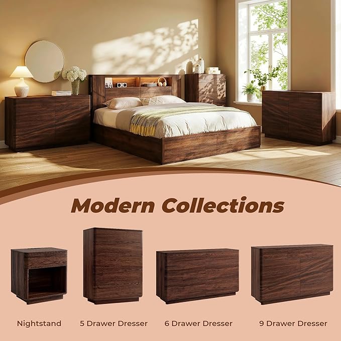 ACCOHOHO 9 Drawer Dresser for Bedroom, 52" Wide Modern Wood Dresser with Hidden Handle Drawers, Large Storage Chest of Drawers, TV Stand for Living Room & Hallway, Curved Profile Design, Dark Walnut
