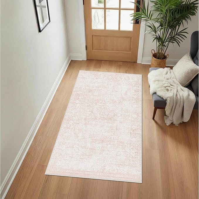 Homemate Washable Rug 3x5 Area Rugs - Vintage Faux Wool Rugs for Living Room Bedroom Dining Room - Non Slip Foldable Carpet Indoor Area Rug for Home Decor（3'x5', Pink