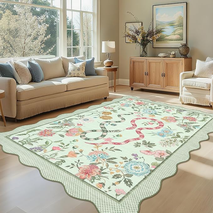 Garvee Snake Washable Area Rugs 8x10 Boho Scalloped Living Room Rugs, Botanical Floral Bedroom Rug, Stain-Resistant Low Pile Floor Carpet for Dining Room Dorm Nursery Playroom Farmhouse Office,Green
