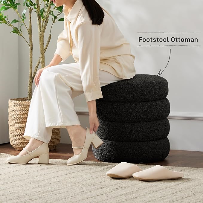 Krcix Round Ottoman with Storage Boucle Ottoman Stool with Storage Removable Lid for Living Room Modern Vanity Sorage Stool Foot Rest Bedroom Dorm Gifts Set of 2 (Black)