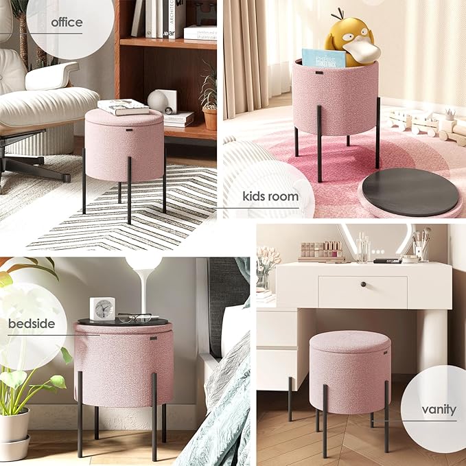 STORAGEBUD Round Ottoman with Storage, Boucle Storage Ottoman, Foot Stool Ottoman, Makeup Vanity Stool, Small Ottomans Foot Rest, Modern Ottomans for Living Room and Bedroom, Pink