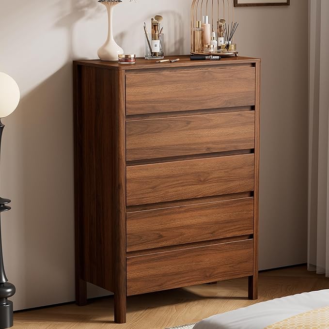 Furniway 45" Tall Mid-Century Modern Dresser for Bedroom, 5 Drawer Chest of Drawers with Solid Wood Legs, Large Storage Tall Dresser, Walnut