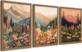 Boho Colorful Landscape Wall Art Set of 3, Vintage Wildflower Mountain Canvas Wall Decor Paintings, Rustic Nature Floral Pictures Prints for Living Room Bedroom 12x16 Inch Wood Framed