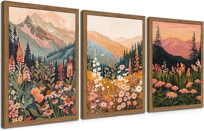 Boho Colorful Landscape Wall Art Set of 3, Vintage Wildflower Mountain Canvas Wall Decor Paintings, Rustic Nature Floral Pictures Prints for Living Room Bedroom 12x16 Inch Wood Framed