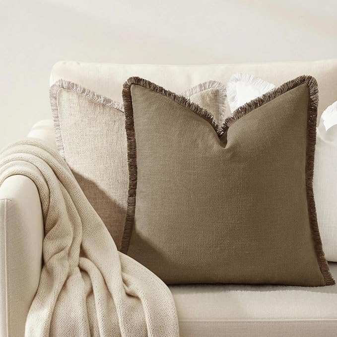 decorUhome Summer Decorative Neutral Linen Fringe Throw Pillow Covers Set of 2 Light Brown Pillow Covers with Tassels Soft Farmhouse Boho Accent Pillow Cases for Couch Bed Sofa 18x18 Inch