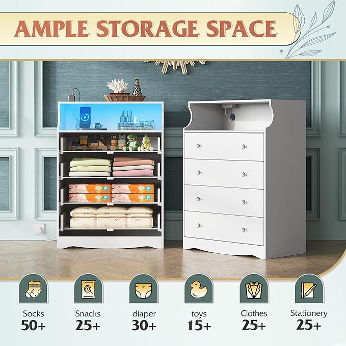 WLIVE White LED Dresser for Bedroom, Tall Wood Dresser with 4 Drawers and Open Shelf, Chest of Drawers with Power Outlet for Living Room, Hallway, Closet