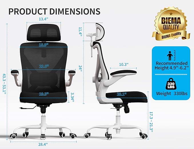 Ergalithic Ergonomic Office Chair - Computer Desk Chair with Adjustable Lumbar Support - 300lbs Executive Desk Chair High Back with Headrest Flip-Up Arms for Long Hours, Rolling Chair (White Black)