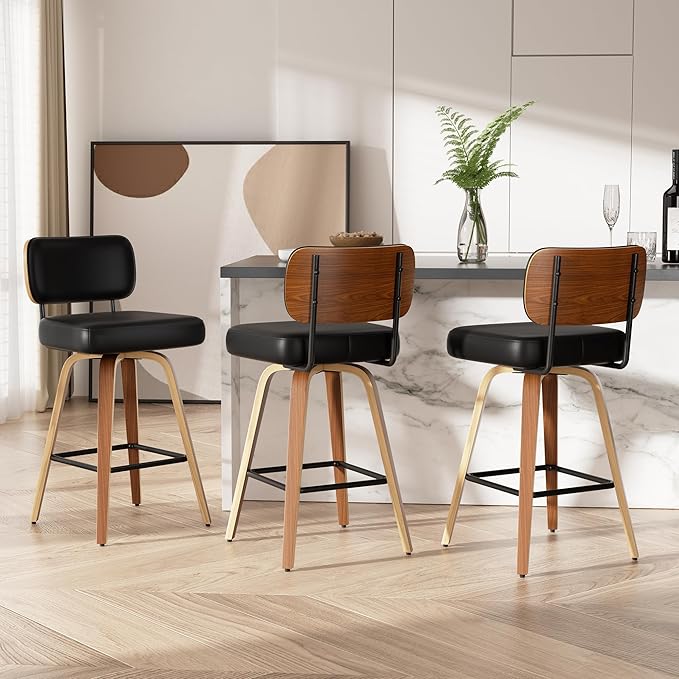 Swivel Bar Stools Set of 3, 26" Upholstered Faux Leather Counter Height Barstools with Walnut Back & Bentwood Legs, Mid Century Modern Bar Chairs Island Stools for Kitchen Counter, Black