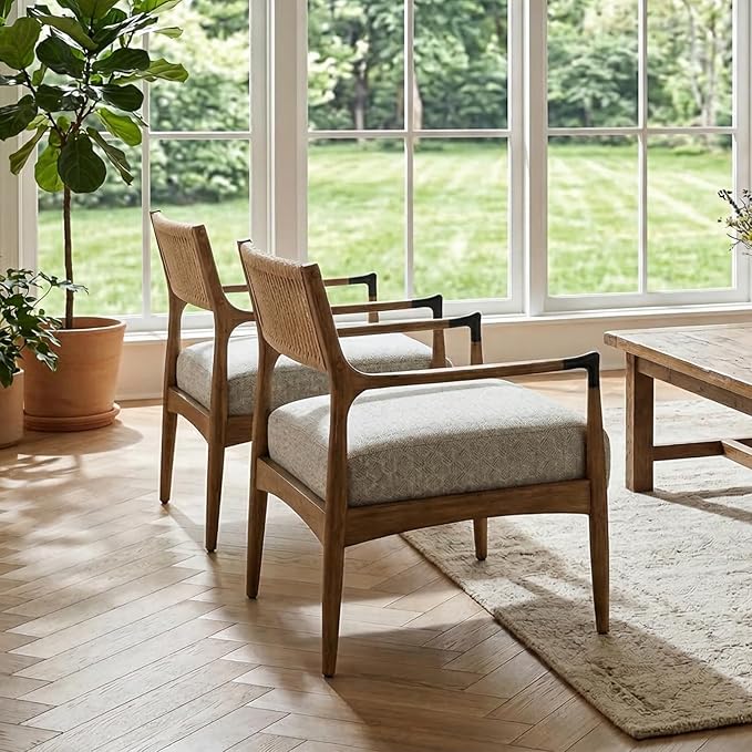 Ya-Home Mid-Century Modern Accent Chair with Woven Rope Back, Upholstered Linen Fabric Armchair with Solid Wood Frame for Living Room Bedroom, 1PC, Patterned