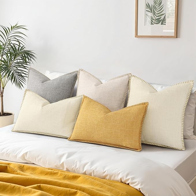 decorUhome Summer Decorative Throw Pillow Covers 20x20 Set of 2 Square Faux Linen Outdoor Neutral Farmhouse Pillow Covers with Stitched Edge for Couch Sofa Living Room, Beige