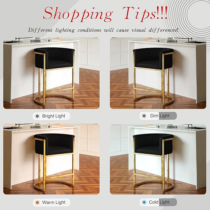 Modern Counter Height Bar Stools,Bar Stools Set of 2,PU Leather Upholstered Barrel Barstools with Backs and Arms,26'' Kitchen Island Chairs,Mirror Champagne Gold Base,Ink Black Leather