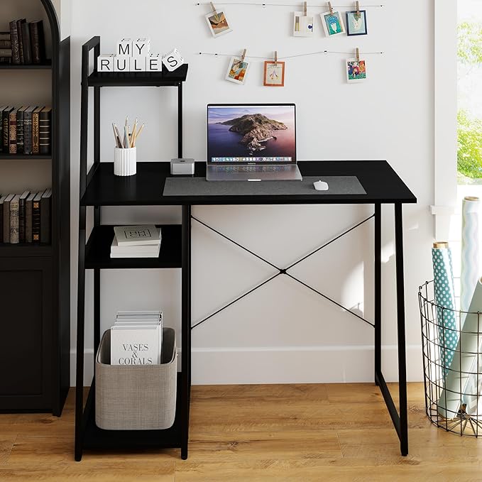 Tangkula Computer Desk with Shelves, Space Saving Home Office Desk with 3-Tier Ladder Shaped Storage Bookshelf, Modern Writing Study Desk with Metal Frame, Compact Computer Workstation (Black)