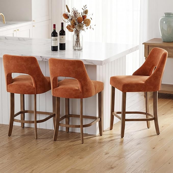 UVV Bar Stools Set of 4, Upholstered Counter Height Bar Stools, Modern Counter Stools with Wood Legs for Kitchen Island Dining Room Bar, Orange