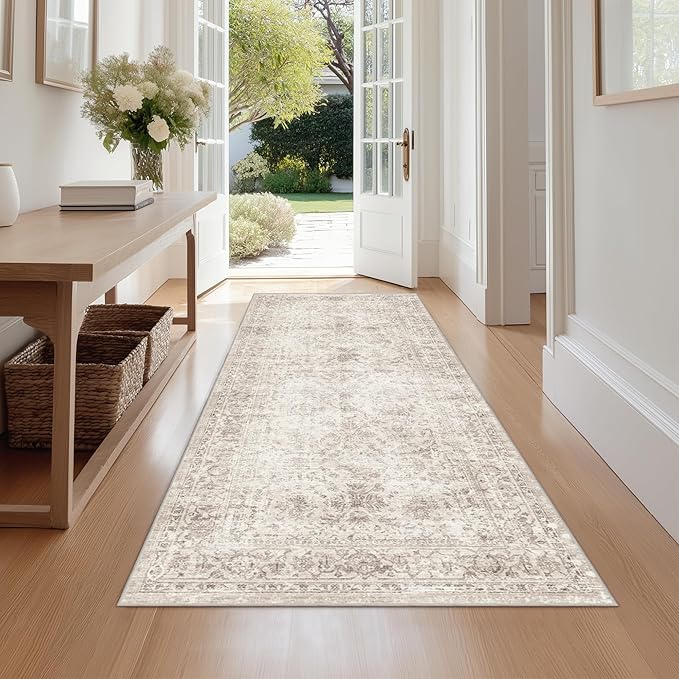 FMFUNCTEX 2x10 Runner Rug Beige Washable Vintage Neutral Distressed Non Slip Low Pile Indoor Carpet Retro Floral Hallway Entryway Rug for Kitchen Living Room Bedroom Bathroom Laundry Entry Bedside