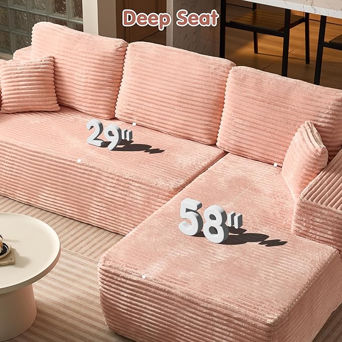 ovios 104" Cloud Boneless Couch with L-Shape Chaise,Modern Sectional Modular Sofa with Deep Seat, Upholstered Couches for Living Room Bedroom,No Assembly Required, Pink (Plush Corduroy Fabric)